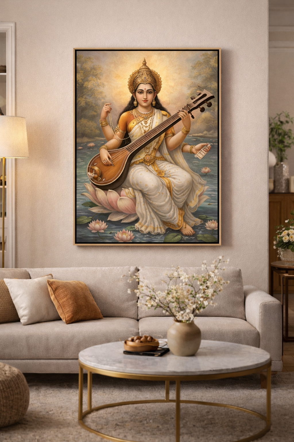 Saraswathi Devi floating frame wall art in elegant living room interior with modern home decor