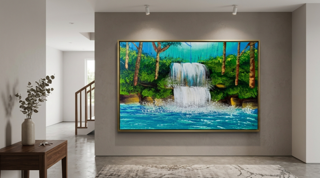 Cascading Serenity: Modern Waterfall Canvas in Floating  Frame