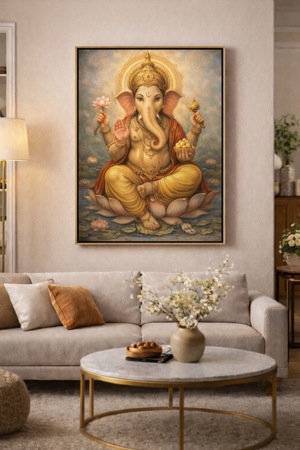 Lord Ganesha floating frame wall art in modern living room hall decor with peaceful devotional ambiance